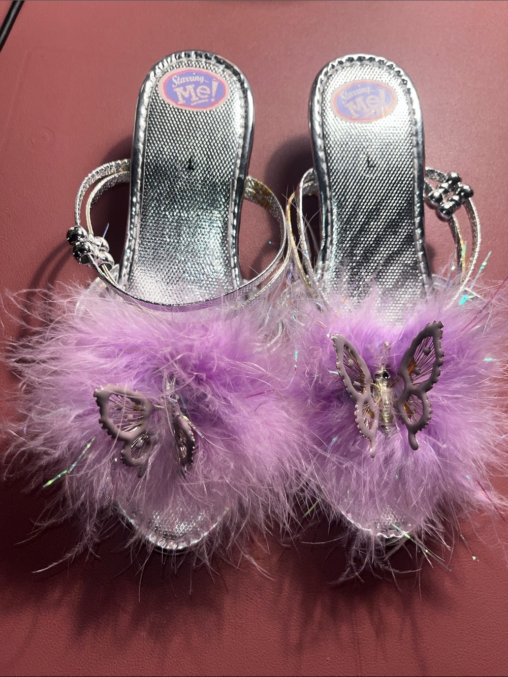 Kids' Silver Slide Costume Shoes with Lavender Feather & Butterfly Accent